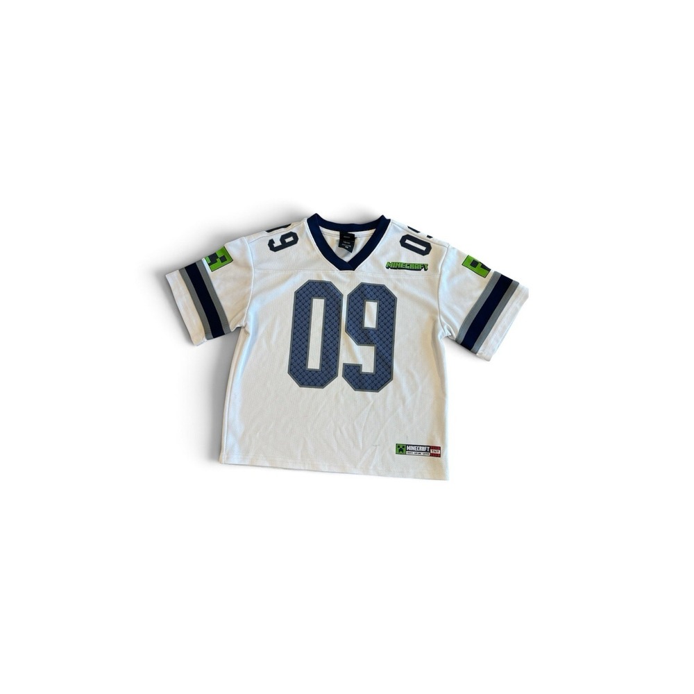 Minecraft Football Jersey Youth White/Blue Size M Creeper Gamer TNT Mad Engine